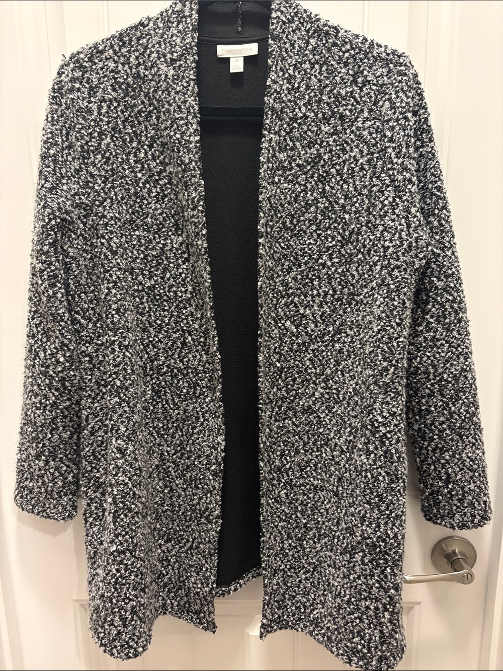 Charter Club PM Petite Medium Boucle Open Front Long Cardigan Black White